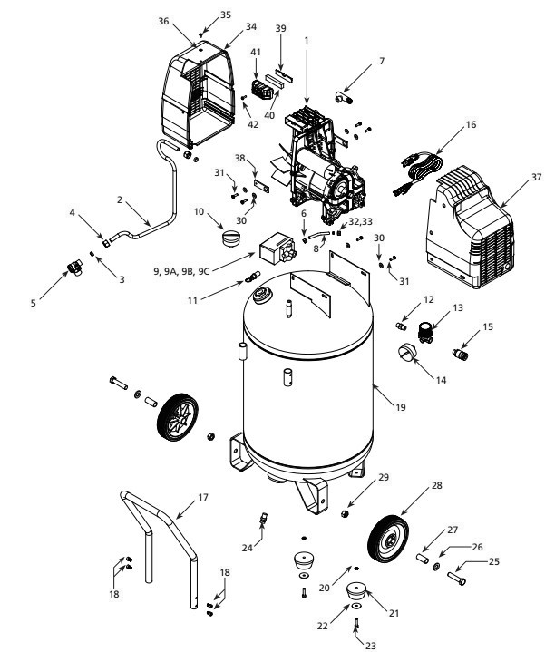 Tank Assembly Parts Diagram and Parts List for HU502000  Campbell Hausfeld Compressor